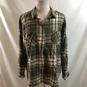 Croft & Barrow Olive Green & White Plaid Flannel button Up - Womens 2XL